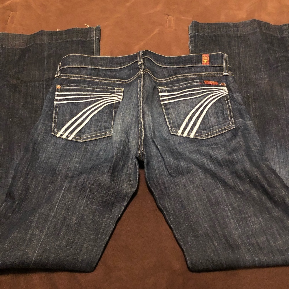Dark wash dojos with white 7’s 29x33